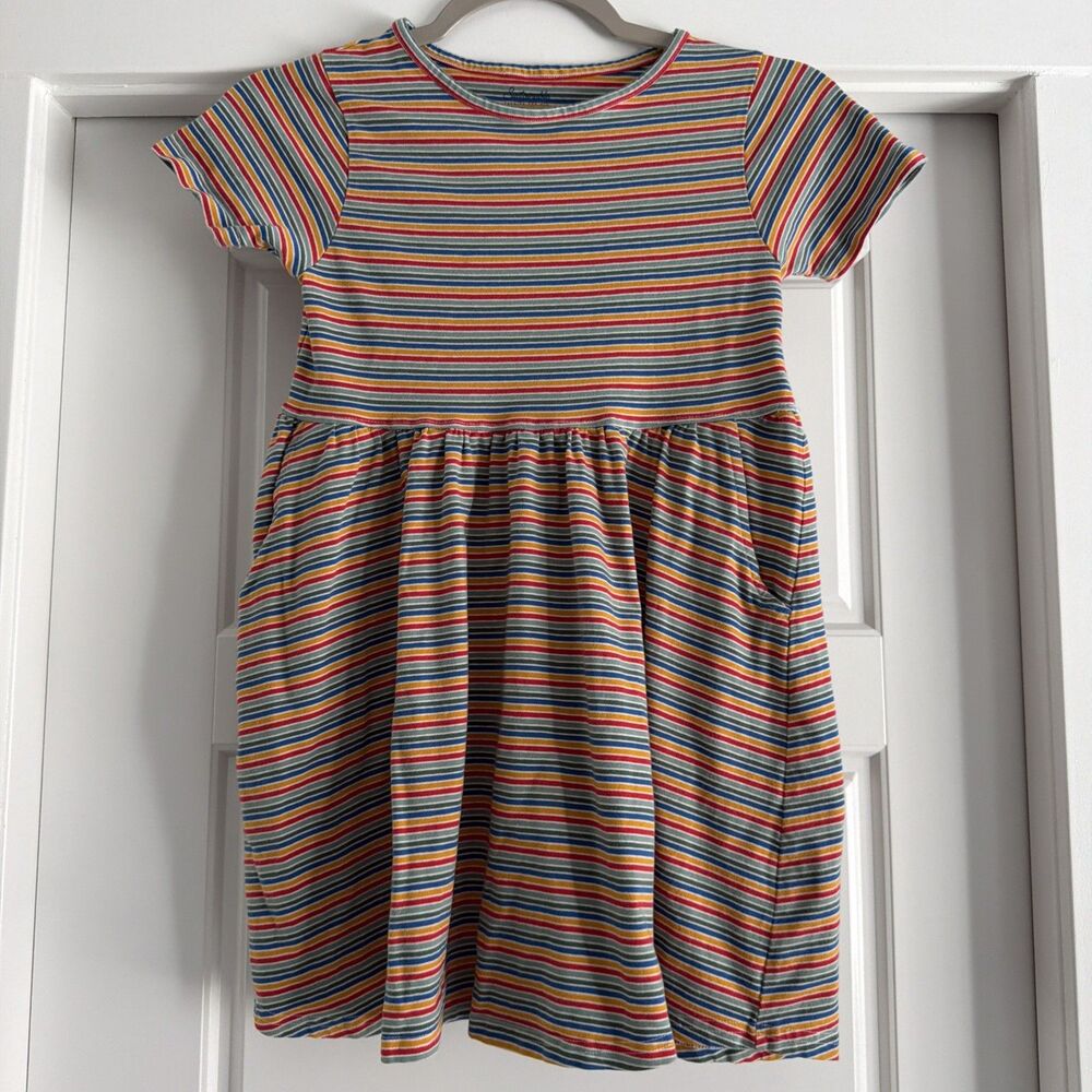 Pact Girls sz 8/9 Organic Cotton Striped Short Sleeve Pocket Dress Rainbow